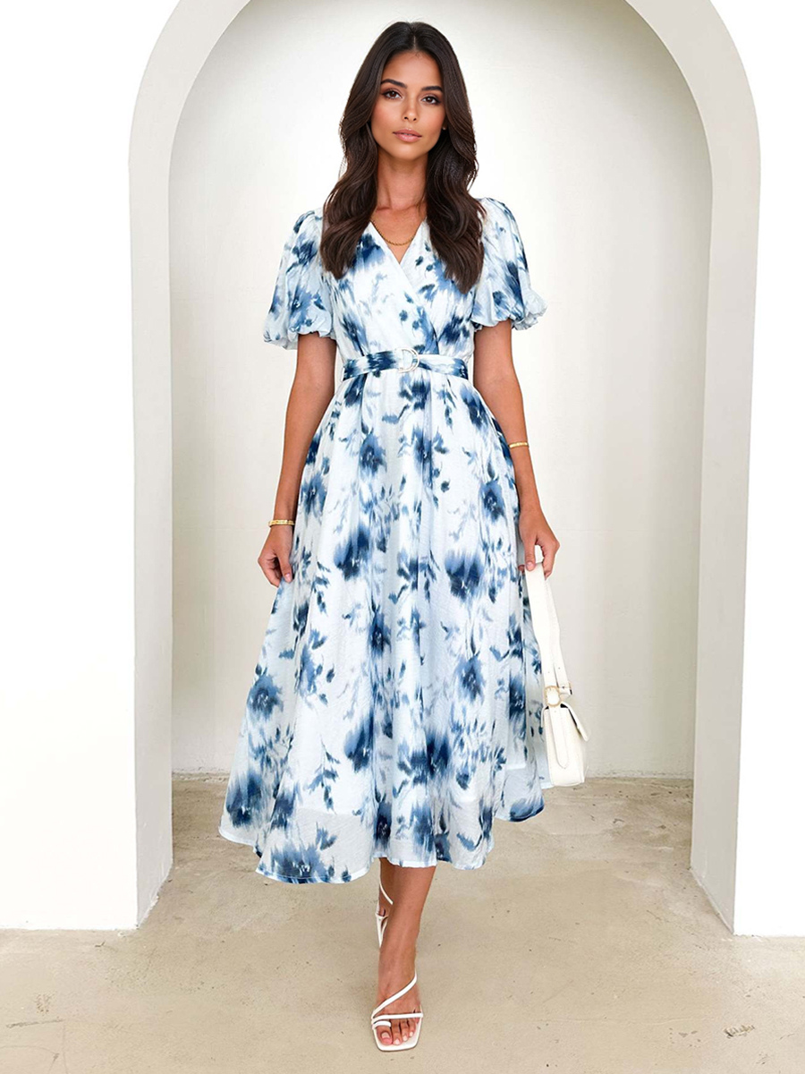 Robe à imprimé floral bleu avec ceinture et manches bouffantes élégante robe mi-longue trapèze pour femme 2025