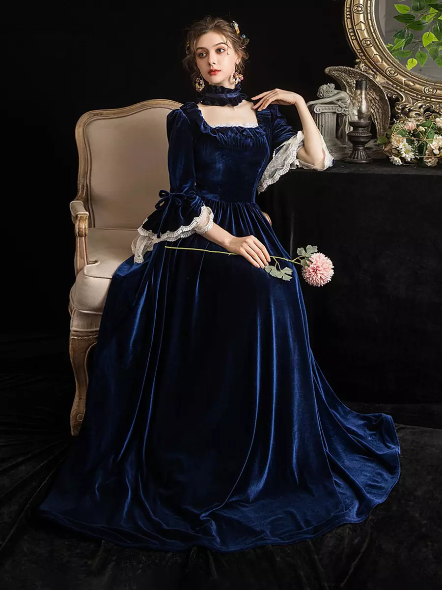 short tudor dress Victorian Vintage Inspired Rococo Retro Tudor Dress Costumes Velour Dark  Navy Short Sleeves Square Neckline Lace Ruffle With Choker Rococo Costumes  Carnival Dress