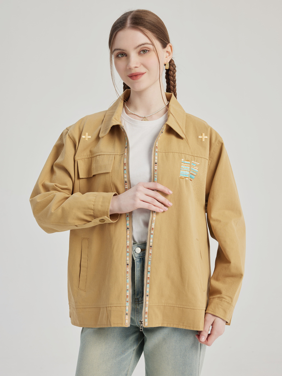 Veste de travail vintage à col rabattu et fermeture éclair pour femme vêtement d&#39;extérieur de printemps 2025