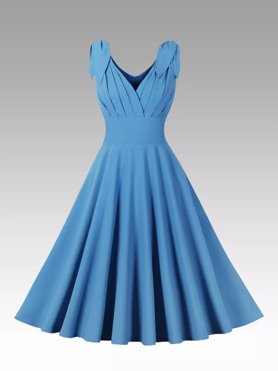 Vintage Inspired Retro Dress With Bow Shoulder V-Neck Sleeveless 1950s Audrey Hepburn Style Blue A-line Midi Dress For Women 2026 - Costumeslive.com Vintage Inspired Retro Dress With Bow Shoulder V-Neck Sleeveless 1950s Audrey Hepburn Style Blue A-line Midi Dress For Women 2026 - Costumeslive.com
