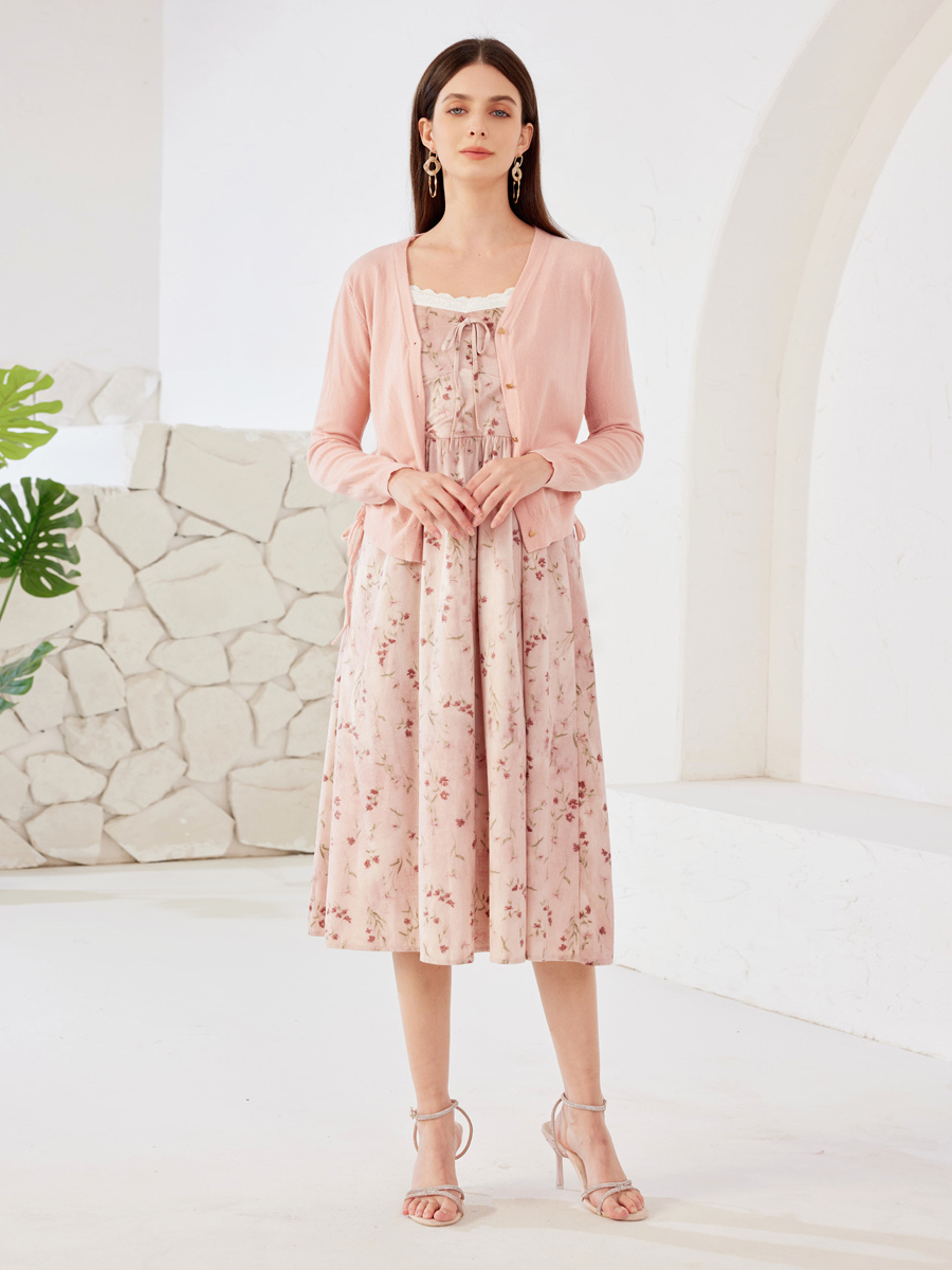 Robe mi-longue fleurie rose avec cardigan tricoté pour femme 2025