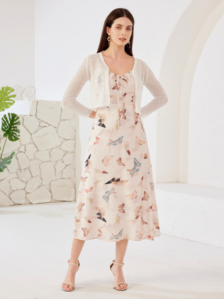 Robe mi-longue à imprimé papillon avec cardigan tricoté pour femme 2025