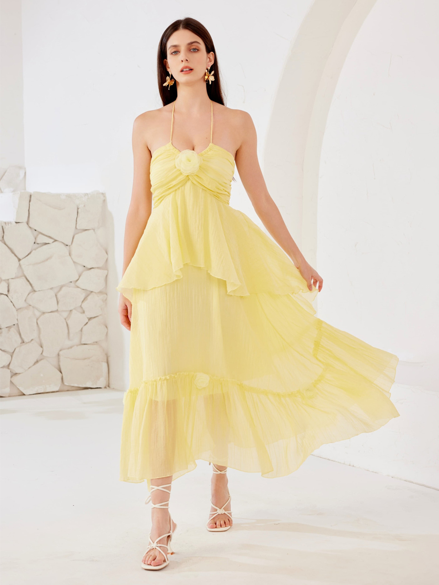 Robe longue jaune à col licou avec robe de soirée superposée à fleurs 3D pour femmes 2025