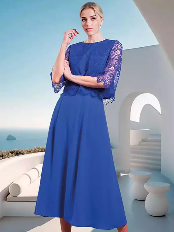 Mother Dress Jewel Neck Half Sleeves A-Line Lace Wedding Guest Dresses -  Milanoo.com