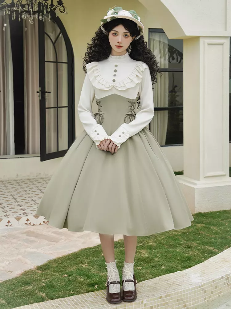 long sleeve loltia dresses Long Sleeves Dress Fairy Vestidos Cute Women Lolita Flouncing Lace Trim Dress
