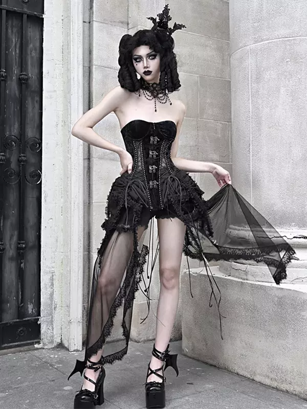 ゴシックロリータコルセットトップセットブラックレースアップレース