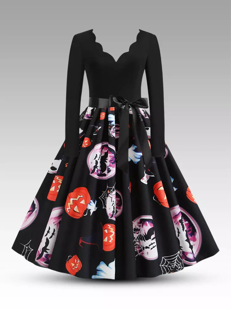 rockabilly christmas dress Vintage Inspired Women's Retro 1950s Pink Pattern Long Sleeves Dress Color:Floral White Army Green