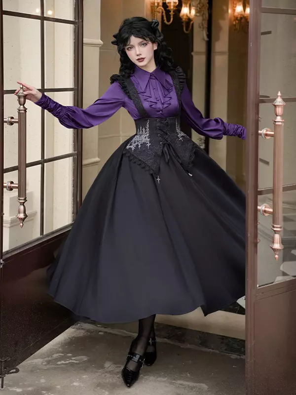 Gothic Lolita Dresses Sleeveless Jumper Lace Up Ruffles Jacquard Black Dress  - Lolitashow.com