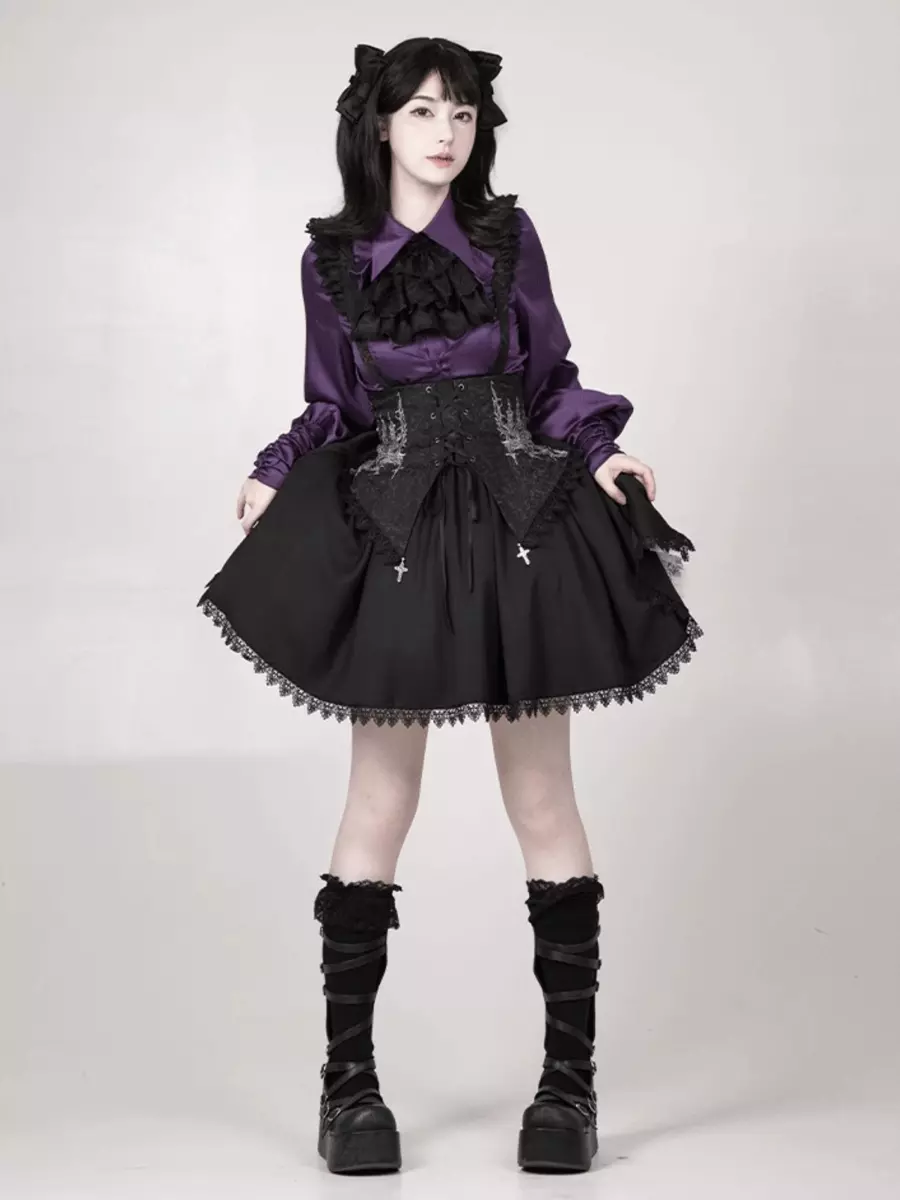 Gothic Lolita Dresses Ruffles Lace Up Jacquard Black Sleeveless Jumper Dress - Lolitashow.com Gothic Lolita Dresses Ruffles Lace Up Jacquard Black Sleeveless Jumper Dress - Lolitashow.com