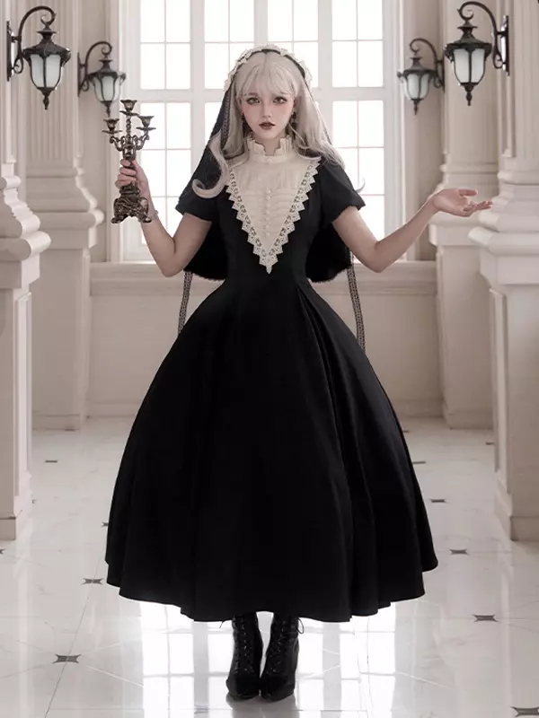 nun black dress Black 1940s Nun-Style Cross Necklace Dress main image 1