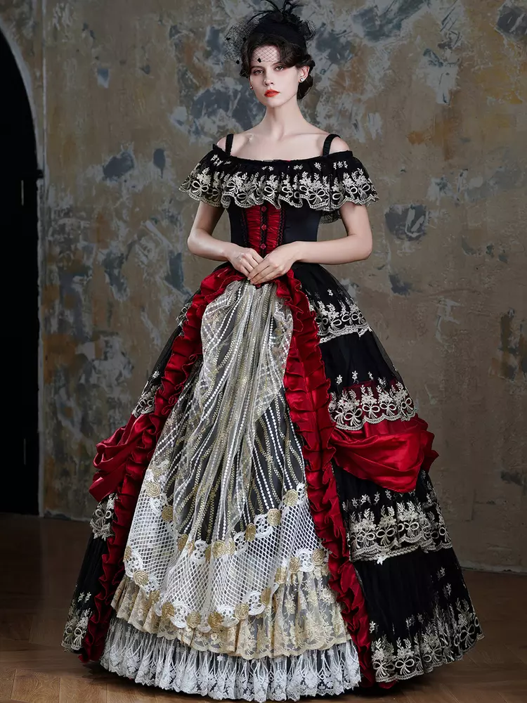 Court Rococo Baroque Marie Antoinette Dresses 18th Century Victorian Dress Ball Gowns Royal Black Red Polyester Sleeveless Lolita Dresses - Lolitashow.com Court Rococo Baroque Marie Antoinette Dresses 18th Century Victorian Dress Ball Gowns Royal Black Red Polyester Sleeveless Lolita Dresses - Lolitashow.com