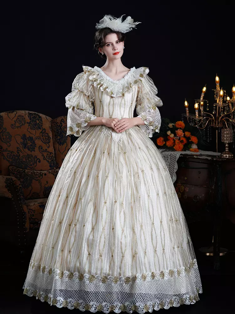 Vintage Rococo Baroque Dress Victorian Ball Gown Polyester 3/4 Length Sleeves Lace Champagne Lolita Dresses - Lolitashow.com Vintage Rococo Baroque Dress Victorian Ball Gown Polyester 3/4 Length Sleeves Lace Champagne Lolita Dresses - Lolitashow.com