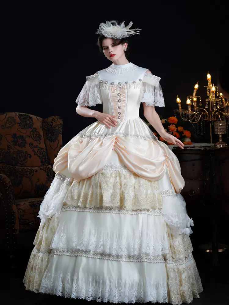 Vintage Dress Victorian Ball Gown Rococo Baroque Marie Antoinette Champagne  Lace Short Sleeves Lolita Dresses - Lolitashow.com