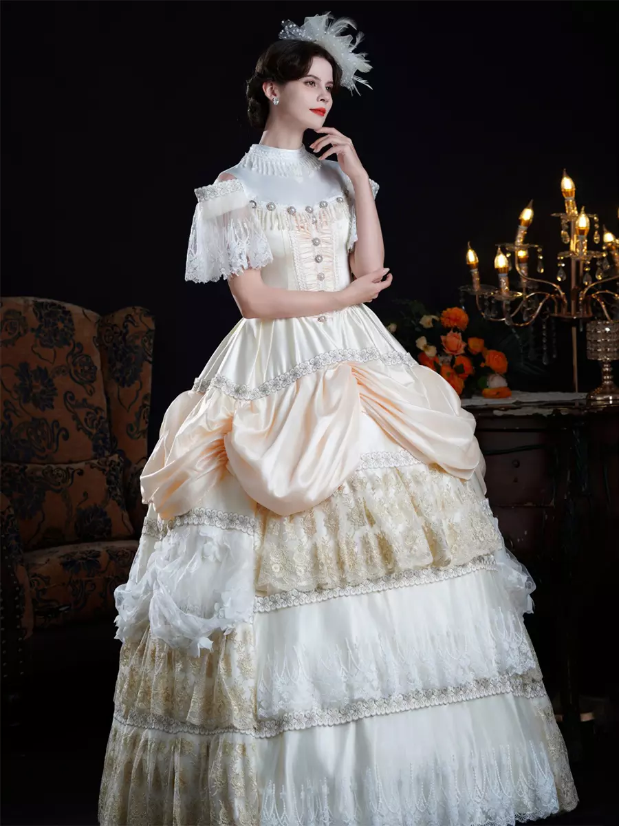 victorian ball dress Victorian Vintage Style Lace Debutante Ball Gown Dress with 3/4 Sleeves X024 Size 10 / White