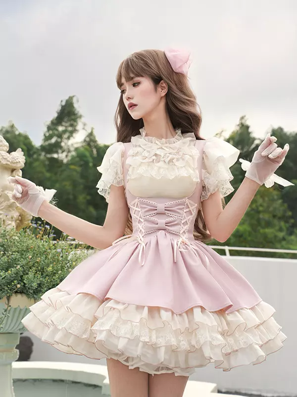 Ballet Lolita Tea Party Sweet Dress Apricot Chiffon Blouse Strappy Top Pink  Jumper Skirt 3-Piece Sets - Lolitashow.com