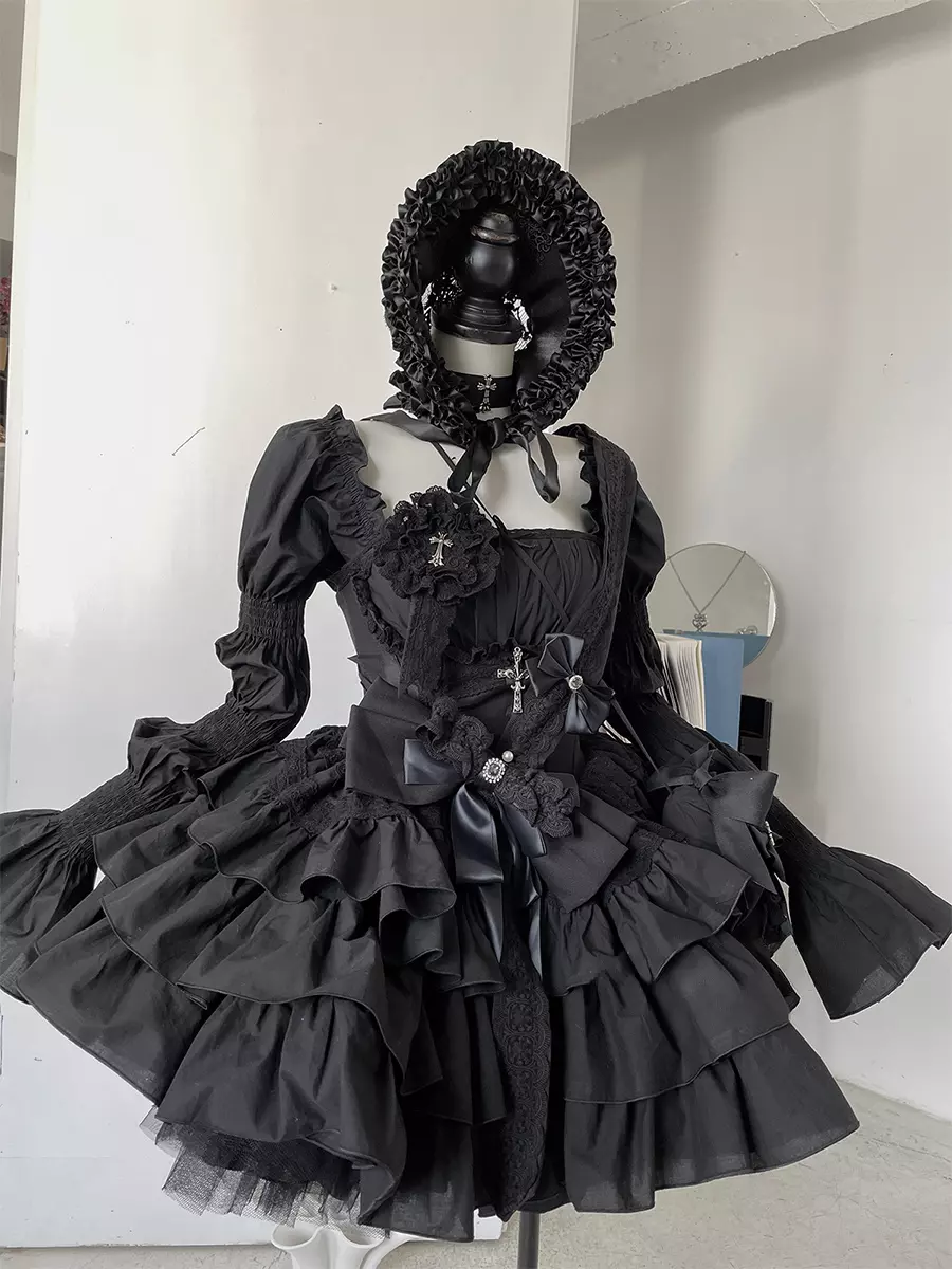 sheer black lolita dress Black Nun Style Prayer for the Dead Stitching Lace Sheer Gothic Lolita Dress Two-piece Set