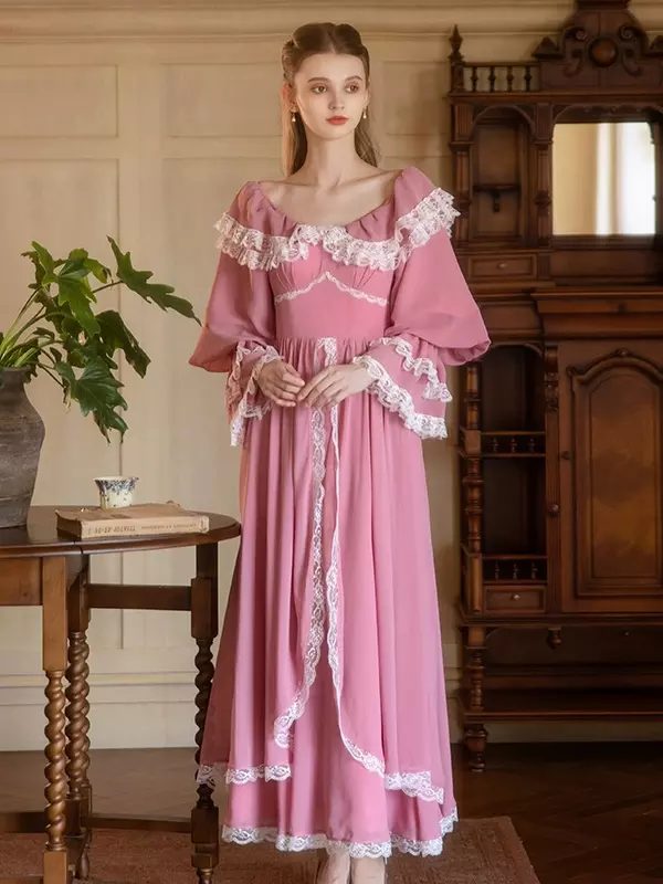 Renaissance Medieval Women's Dress Elegant Vintage Style Lace Ruffles Long Sleeve Retro Dress - Lolitashow.com Renaissance Medieval Women's Dress Elegant Vintage Style Lace Ruffles Long Sleeve Retro Dress - Lolitashow.com