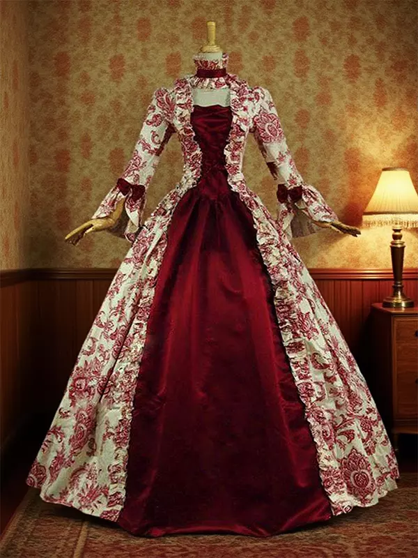 red victorian dress costume Victorian Dress Costume Red Baroque Red Squared Neckline Printed Flared Half Sleeves Layered Ball Gown Victorian era Clothing Costumes Dress Carnival