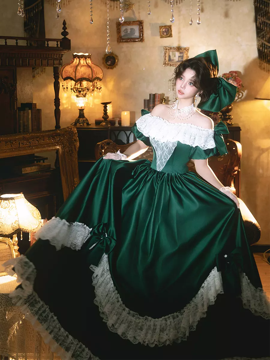 Rococo Victorian Women's Dress Vintage Inspired Polyester Lace Off Shoulder  Puff Sleeve Cottagecore Gown - Lolitashow.com