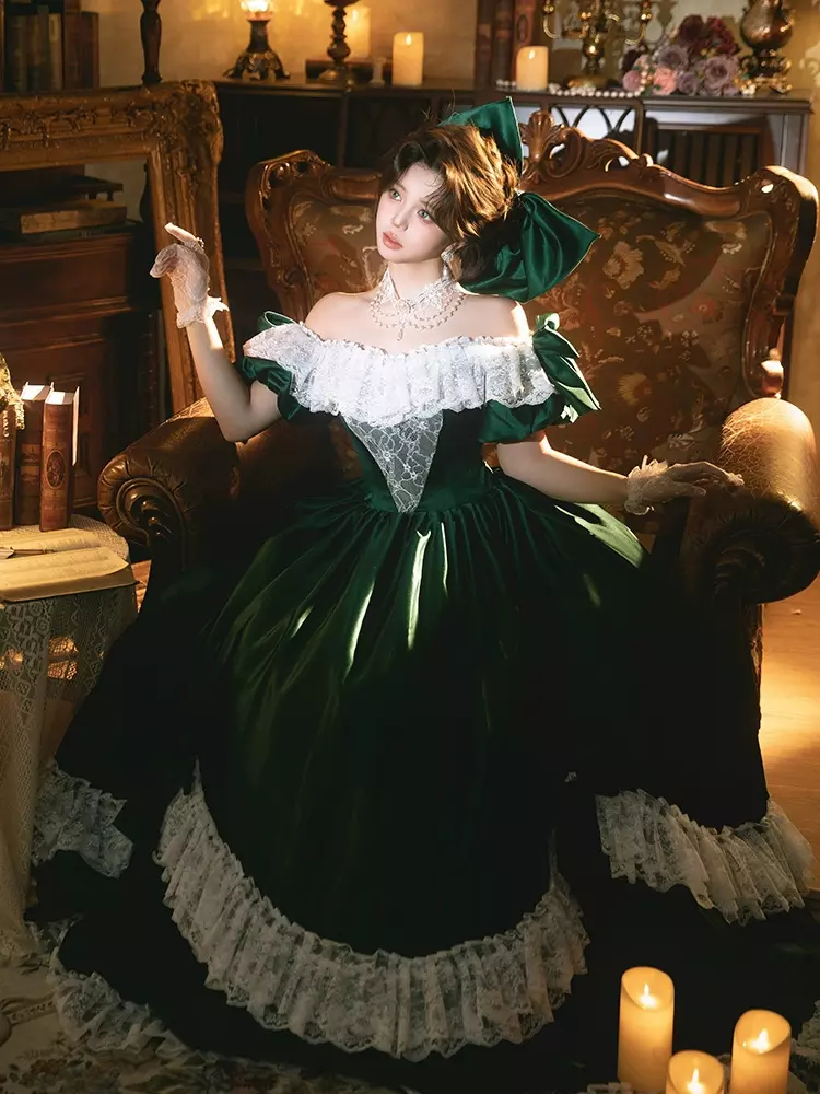 Rococo Victorian Women's Dress Vintage Inspired Polyester Lace Off Shoulder Puff Sleeve Cottagecore Gown - Lolitashow.com Rococo Victorian Women's Dress Vintage Inspired Polyester Lace Off Shoulder Puff Sleeve Cottagecore Gown - Lolitashow.com