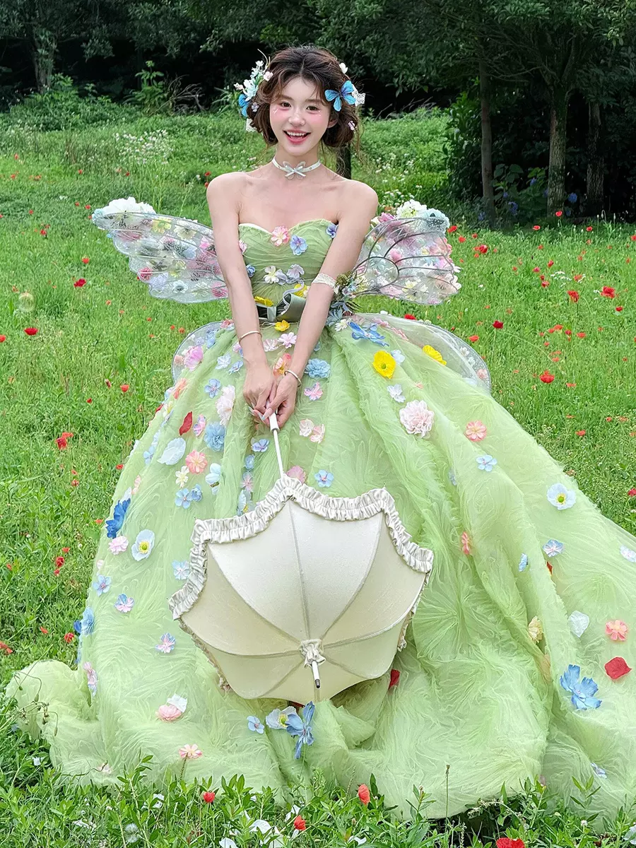 green emerald velvet dress Vintage Heart-Shaped Neck Mint Green 3D Flower Mermaid Trailing Weddin