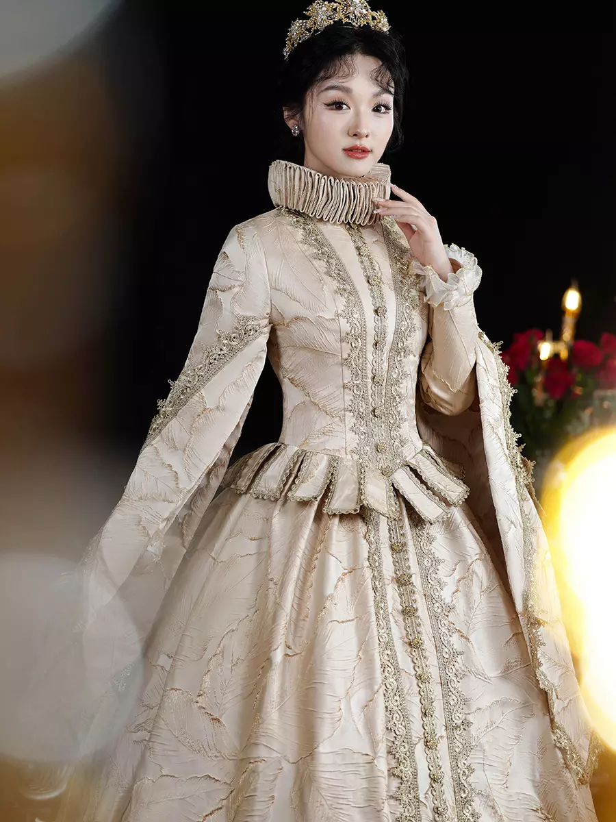 Baroque Women's Dress Vintage Inspired Clothing Medieval Retro Spanish Royal Russian Champagne Long Sleeves Dress - Lolitashow.com Baroque Women's Dress Vintage Inspired Clothing Medieval Retro Spanish Royal Russian Champagne Long Sleeves Dress - Lolitashow.com