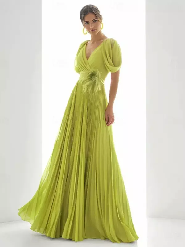 Prom Dress Chiffon V-Neck A-Line Short Sleeves Feathers Wedding Guest  Dresses - Milanoo.com