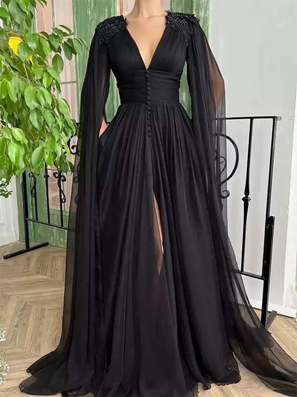 Black Wedding Dress Evening Dress Ball Gown V-Neck Chiffon Floor-Length Beaded Social Party Dresses