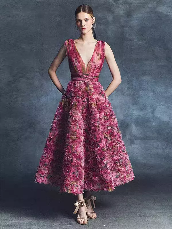 Vintage Cocktail Dress Glamour Ball Gown Tea-Length V-Neck Flowers Vintage Cocktail Dress Glamour Ball Gown Tea-Length V-Neck Flowers
