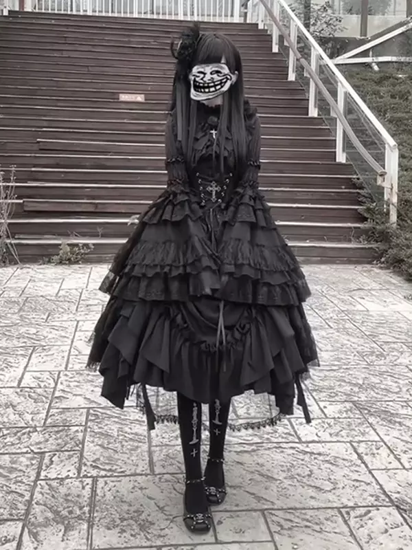 Gothic Lolita Dresses Lace Up Ruffles Princess Bell Long Sleeve Black  Dresses Waist Cincher Dark Elegant Vintage Gown