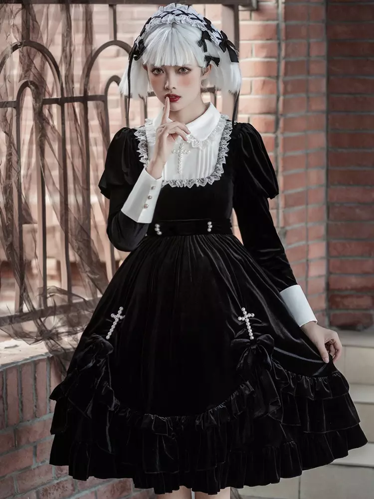 black gothic lolita dress cross Dresses Ruffles Long Sleeve Dresses Prayer to the Holy Cross