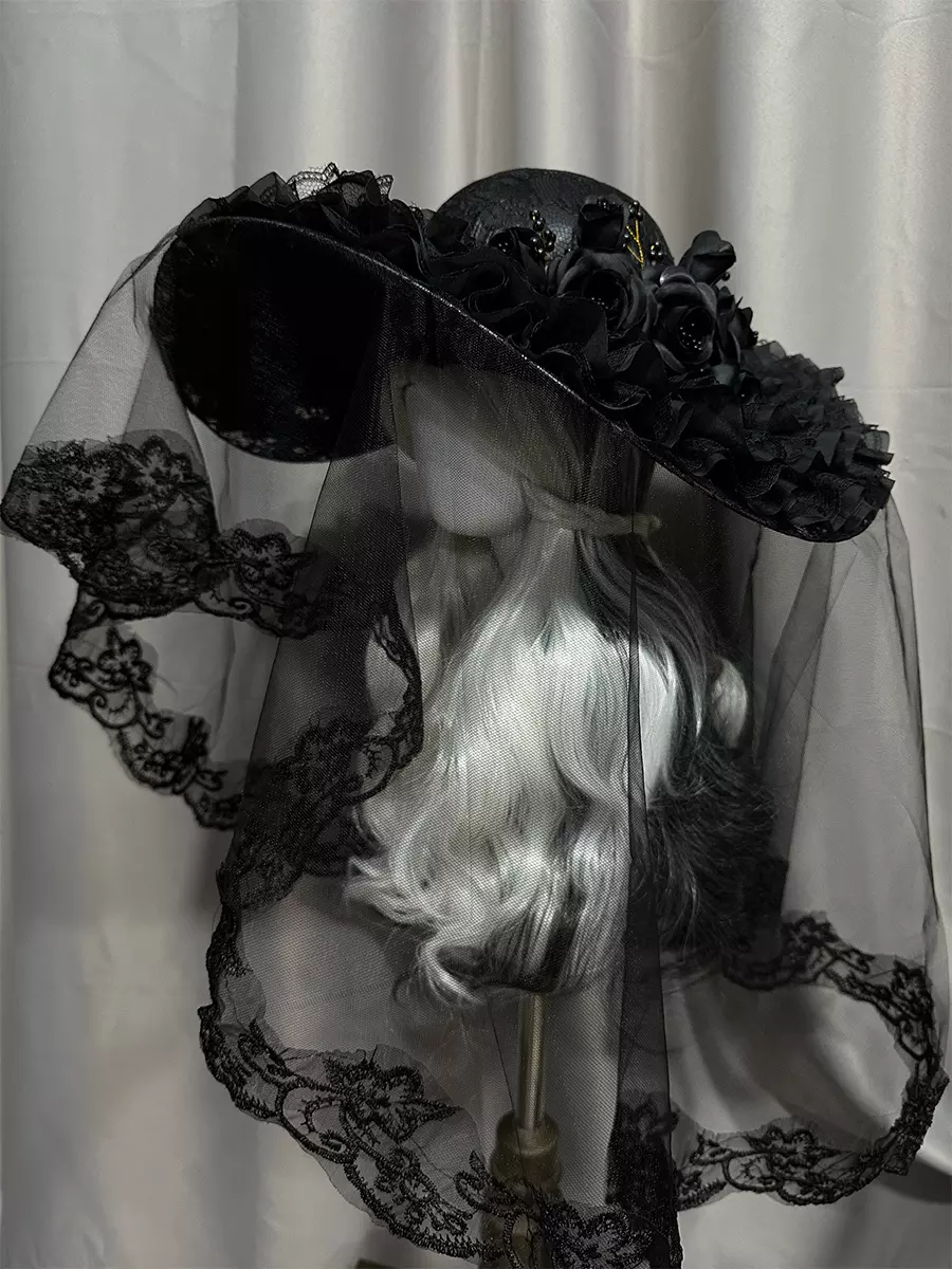 ゴシックロリータハット、黒の花のアクセサリー、シースルーベール