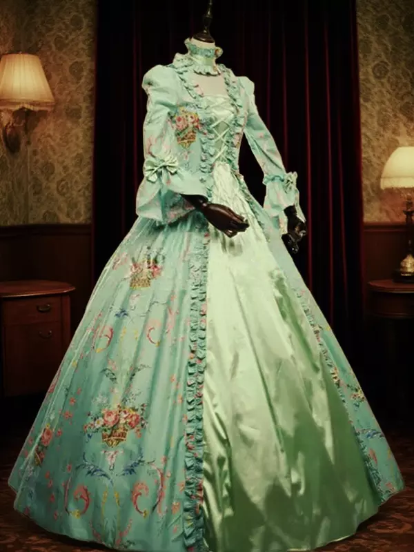 marie antoinette green dress Vintage Inspired Floral Retro Tudor with Ruffles Enchanted Garden Tunic Carnival Dress x-colourCode:LME GRN
