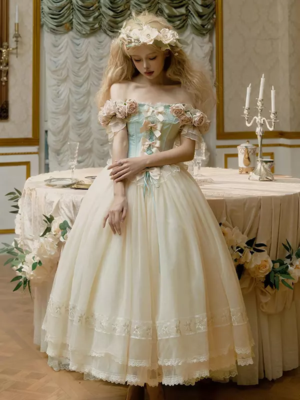 Fairy Lolita Dresses Vintage Style Lolita Dress Dress White Ruffles Flowers Green One-shoulder Dress - Lolitashow.com Fairy Lolita Dresses Vintage Style Lolita Dress Dress White Ruffles Flowers Green One-shoulder Dress - Lolitashow.com