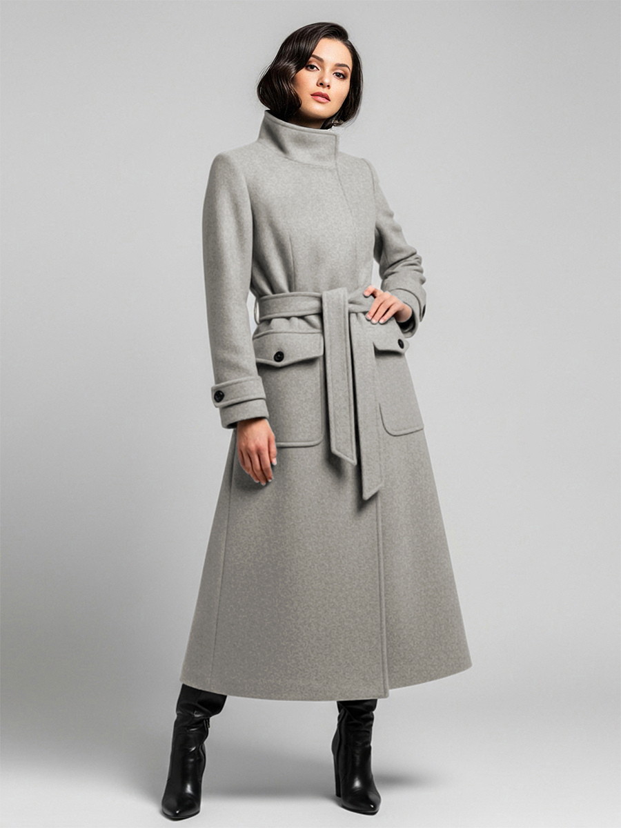 Langer Wintermantel aus Wolle mit Stehkragen und Gürtel und funktionellen Taschen für Damen 2025