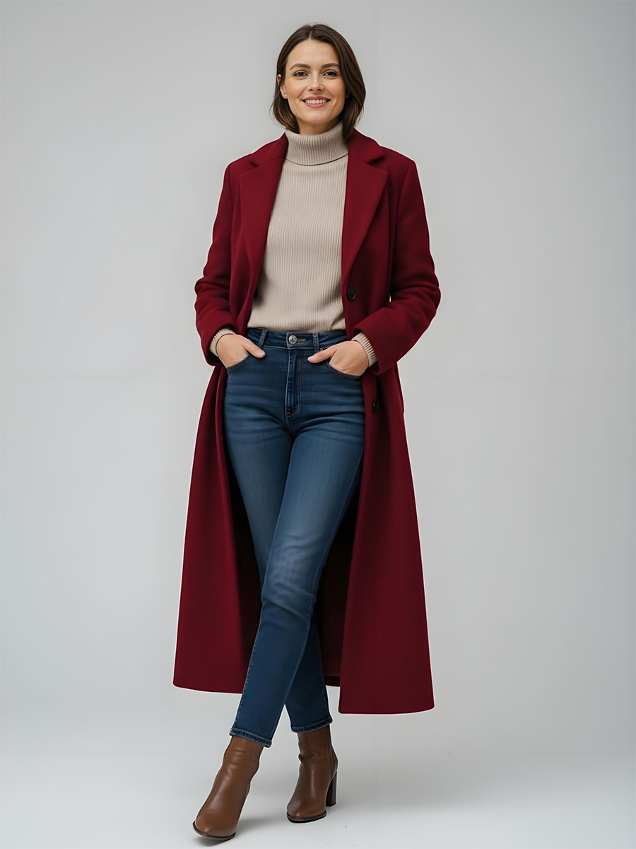 Langer gerader Wollmantel mit einreihigem und klassischem Revers für Damen 2025