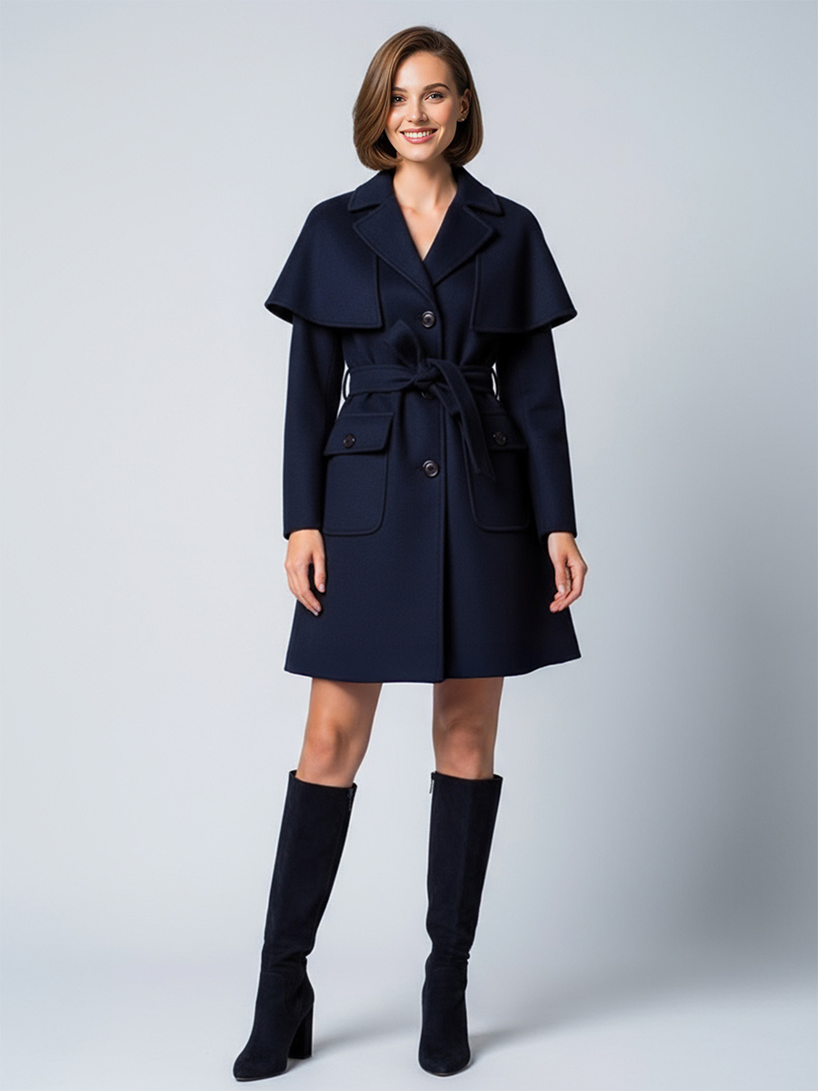 Kurzer Wollmantel mit Gürtel abnehmbarem Capelet und A-Linien-Silhouette für Damen 2025
