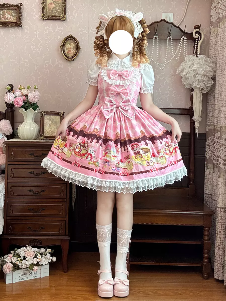 Sweet Lolita Sleeveless Lace Cat Pattern JSK Dress With Bowknot