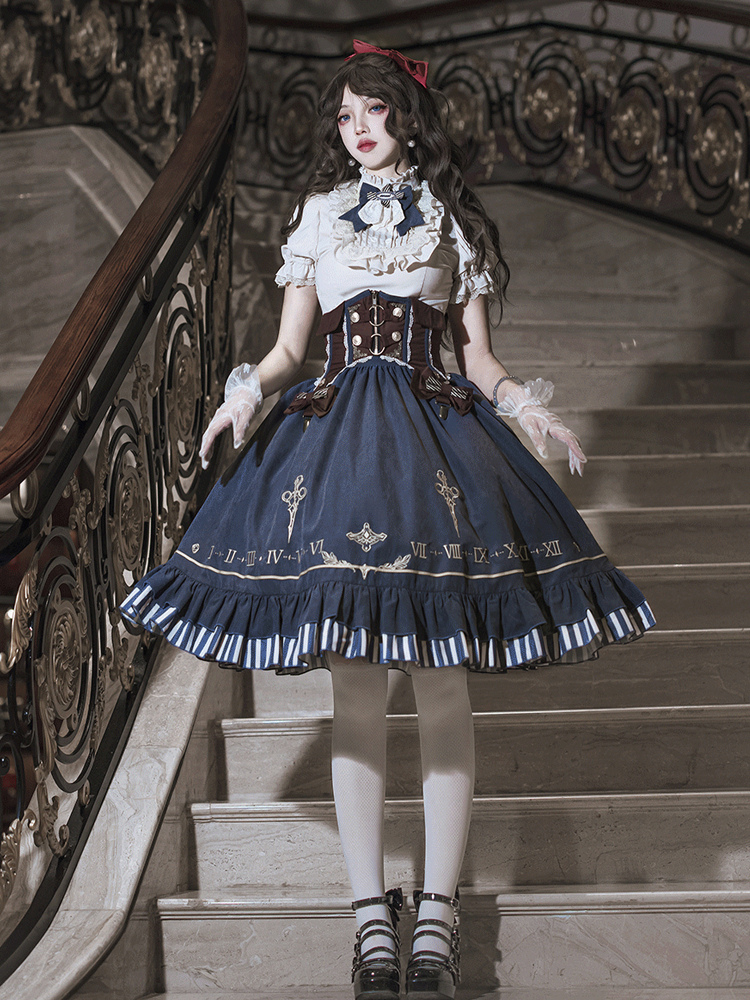 Klassischer Lolita-Anzug weiße Bluse blauer Rock und Korsett dreiteiliges Set Lolita-Kostüme im Stil der Steampunk-Ära