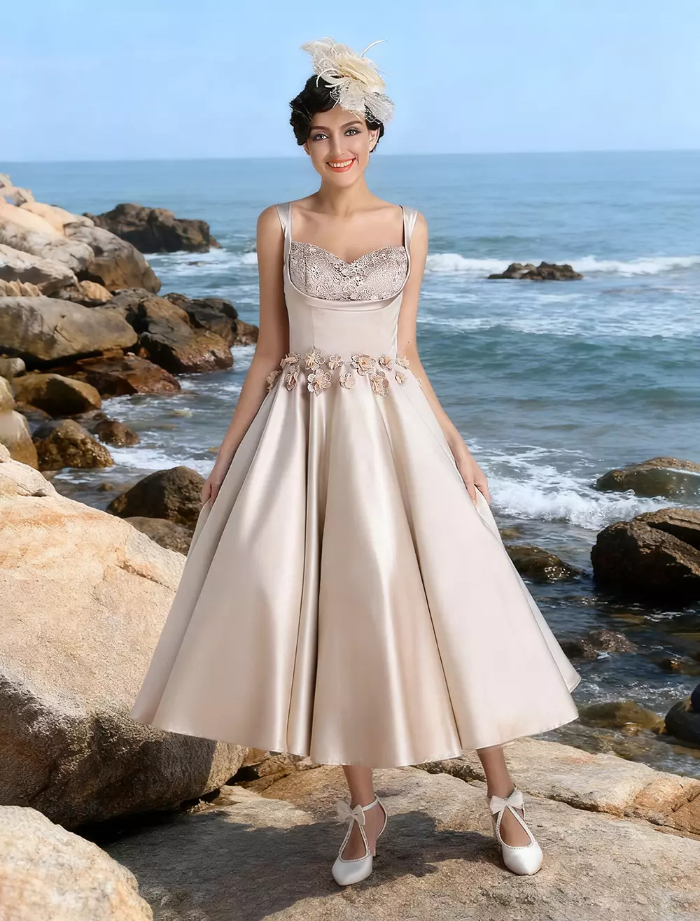 Champagne Tea-Length Wedding Guest Dress 2026 - Elegant Lace Backless Satin  Cocktail Party Gown - Costumeslive.com