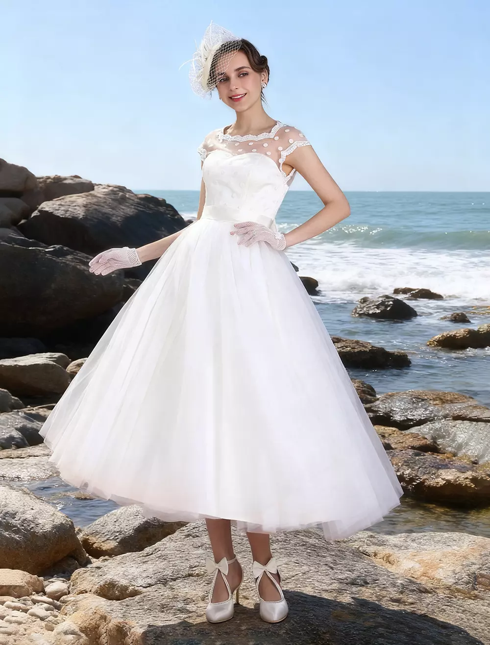 short polka dot wedding dress Elegant Polka Dot Wedding Dress with Long Sleeves and Black Belt