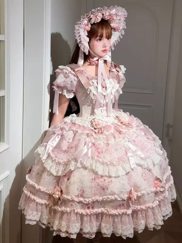 スイートロリータボンネットハットフリルフラワーピンクロリータ