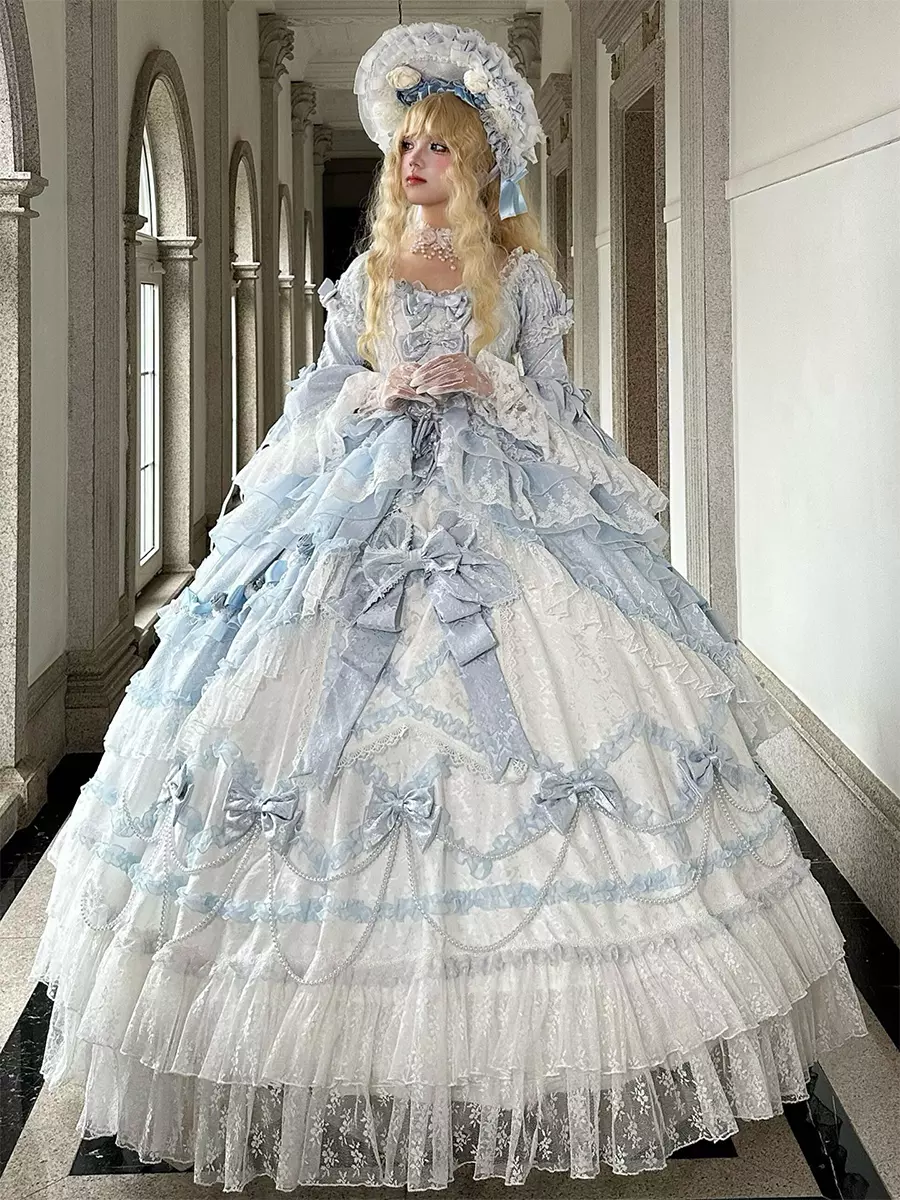 Fairy Lolita Dresses Beaded Ruffles Chains Bows Blue Wedding Princess Ball  Gown - Lolitashow.com