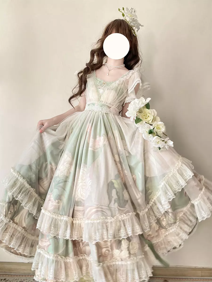 Fairy Lolita Dresses Mint Green Ruffles Print Short Sleeves Dress - Lolitashow.com Fairy Lolita Dresses Mint Green Ruffles Print Short Sleeves Dress - Lolitashow.com