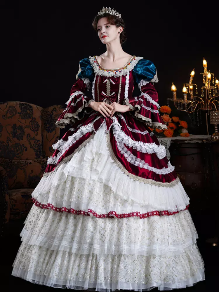 Baroque Women's Dress Vintage Clothing Burgundy Ruffles Lace Long Sleeves Ball Gown - Lolitashow.com Baroque Women's Dress Vintage Clothing Burgundy Ruffles Lace Long Sleeves Ball Gown - Lolitashow.com