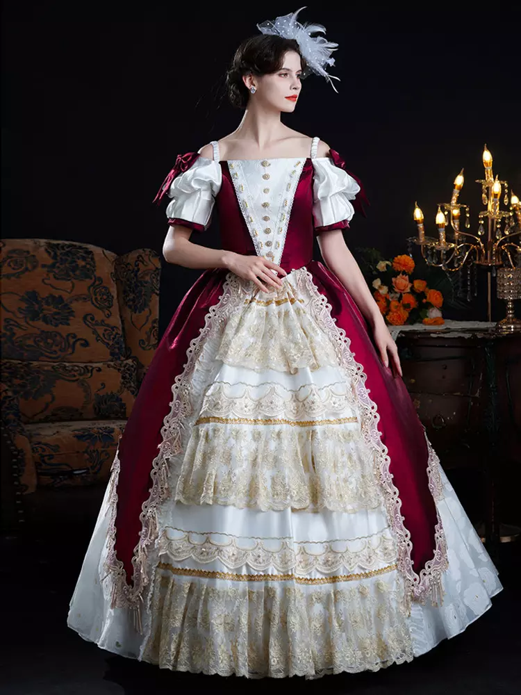 Baroque Women's Dress Vintage Clothing Champagne Lace Short Sleeves Dress -  Lolitashow.com