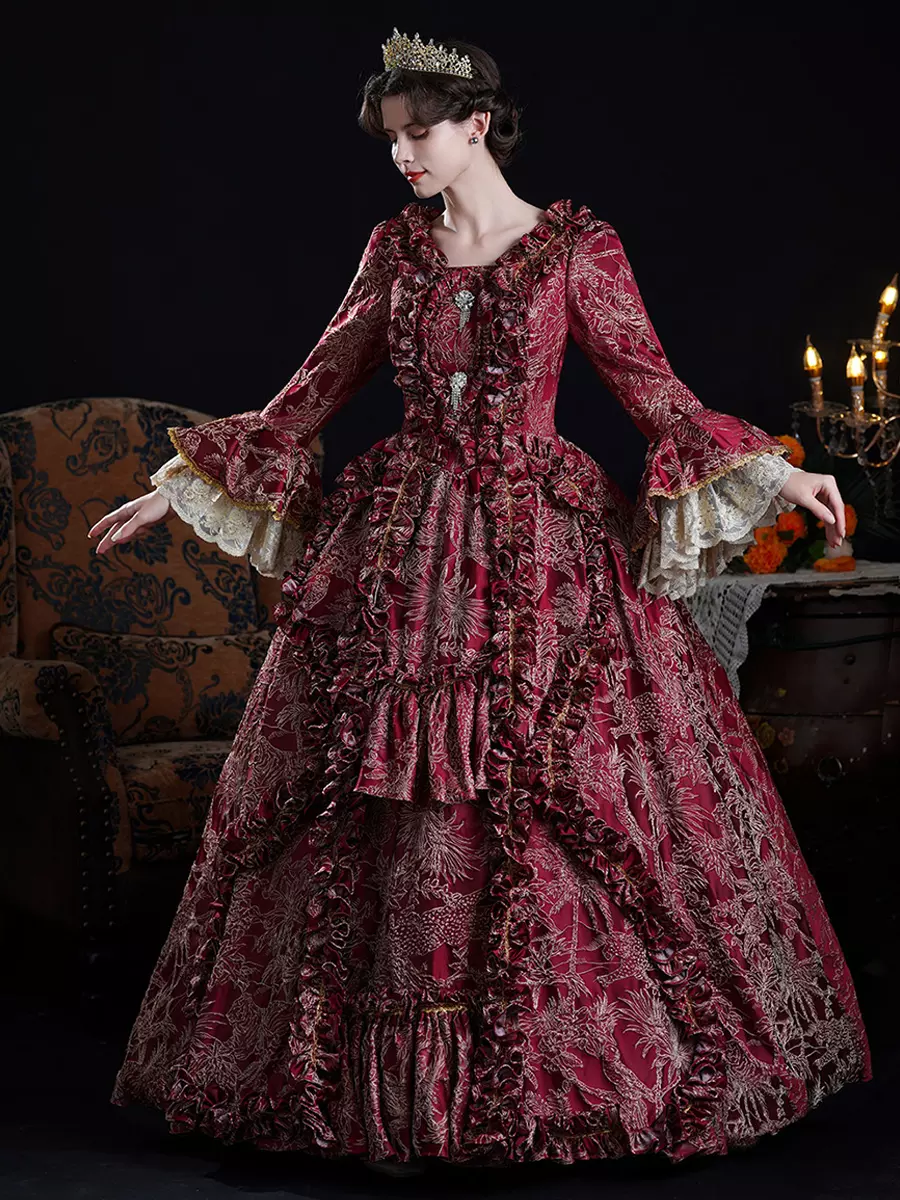 Baroque Women's Dress Vintage Clothing Burgundy Ruffles Long Sleeves Dress - Lolitashow.com Baroque Women's Dress Vintage Clothing Burgundy Ruffles Long Sleeves Dress - Lolitashow.com