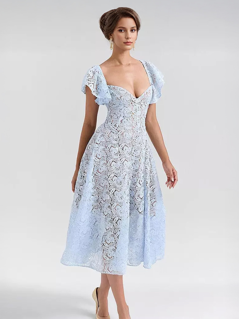 Robe en dentelle bleue à manches papillon et décolleté en cœur pour fête d&#39;anniversaire robe mi-longue transparente pour femme 2025