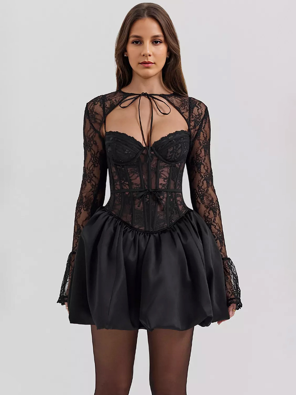 Robe corset en dentelle noire avec boléro amovible Robe mini bouffante de fête d&#39;anniversaire pour femme 2025