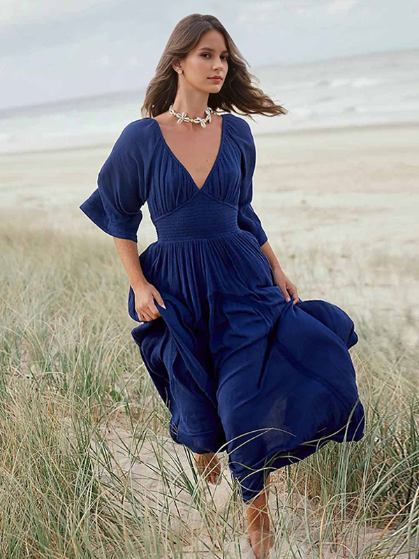 Robe Bohème Plissée Col En V Manches Ample Robe De Plage Irrégulière